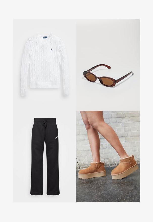 Cesare Gaspari Zimski kaput - brown; Bijela pletiva s kabel uzorkom, s okruglim izrezom, rebrastim manžetama i donjim rubom, s malim plavim logotipom na prsima kao dekorativnim elementom.; Crne trenirke od mješavine pamuka, s elastičnim pojasom s vezicom, ravnim nogavicama i bijelim Nike logotipom na lijevoj strani.; Smeđi antilop čizmi do gležnja s mekanim postavljanjem, debljim bež platformski potplat i stražnjim povlačnim trakama. Teksturirana površina s vidljivim šavovima.; Okvir okruglih, smeđkastih sunčanih naočala s sjajnim burgundskim okvirom. Uski nositelji s suptilnim brendiranjem. Ravna leća.; Crna prošivena torba s zlatnim trokutastim logotipom, s dvostrukom lančanom naramenicom i glatkom kožnom teksturom. Pravokutnog je oblika s preklopom.