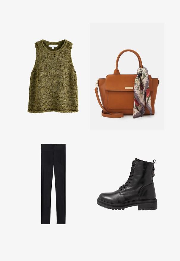 Cesare Gaspari Wintermantel - brown; Olivgrünes, gestricktes, ärmelloses Oberteil mit Rundhalsausschnitt, ausgestattet mit einem strukturierten Muster und entspannter Passform. Die Kanten sind sorgfältig verarbeitet.; Schwarze Leggings aus dehnbarem Material; mit glatter Textur, ganzlänglichem Design und elastischem Bund ohne sichtbare Nähte.; Schwarze Leder-Stiefelette mit runder Zehenpartie, Schnürung vorne und strukturiertem Gummi-Sohle. Verfügt über eine Zuglasche hinten und verstärkte Nähte.; Braune Leder-Handtasche mit strukturiertem Design. Sie verfügt über einen Frontklappenverschluss, zwei Tragegriffe, einen abnehmbaren Schultergurt und einen floralen Schal, der an einer Seite gebunden ist.