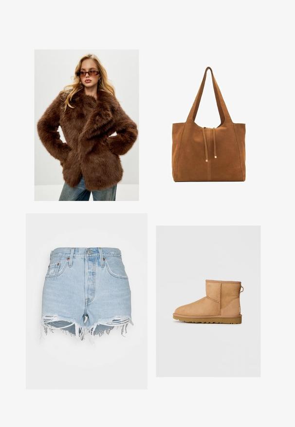 Cesare Gaspari Abrigo de invierno - brown; Camiseta blanca de algodón con mangas cortas, cuello redondo y corte relajado. El material parece suave, sin patrones o gráficos visibles.; Levi's® 501® ORIGINAL SHORT - Shorts vaqueros - luxor edge; Botín de ante marrón con punta redonda, detalles de costura, tirador en la parte posterior y suela de goma texturizada. Diseñado para comodidad y calidez.; Bolso tote de ante marrón con dos asas largas, cierre de cordón y un diseño minimalista. Textura suave y sin acentos de hardware visibles.