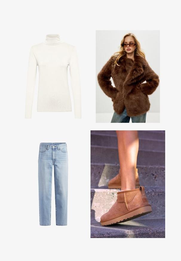 Cesare Gaspari Geacă - brown; Bluză cu mâneci lungi și gât înalt, de culoare crem, confecționată dintr-un material moale, cu o siluetă ajustată. Dispune de un gât înalt și o textură netedă, uniformă.; Jeans din denim drept, de culoare albastru deschis, cu nasture frontal, fermoar, bucle pentru Curea și design cu cinci buzunare pe fond alb.; Botine bej din suede cu o textură moale, detalii cusute și o talpă din cauciuc, având un călcâi cu buclă pentru o utilizare ușoară.