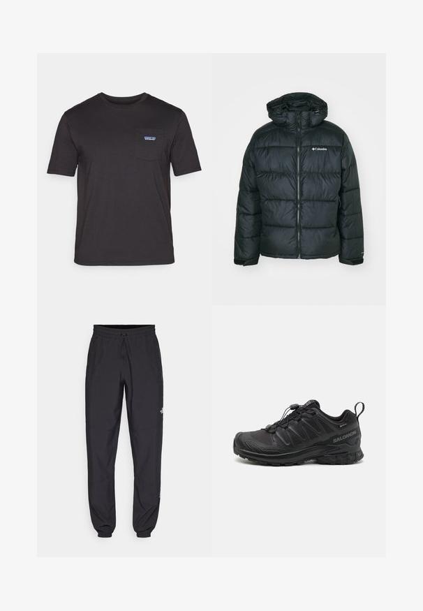 Svart pufferjakke med glidelås foran og hette. Har en quiltet design, elastiske mansjetter og en liten logo på venstre brystområde.; Svart kortermet t-skjorte laget av bomull, med en brystlomme med en blå Patagonia-logo på venstre side.; Sorte idrettsbukser laget av lett stoff, med snor i livet, sidelommer og smale mansjetter ved anklene.; Svart sportsko med en teksturert syntetisk overdel, polstret såle og et hurtiglenkesystem. Har forsterket tå og hæl.