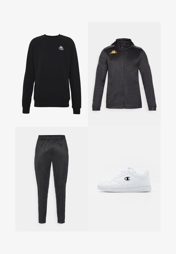 Svart hettejakke med glidelås, laget av glatt stoff. Har gulllogo på brystet og skulderen, samt grå detaljer på ermene.; Kappa CREW NECK SMAL LOGO - Sweatshirt - caviar; Svart treningbukser laget av glatt, lett materiale. Har elastisk midjebånd og slim fit med glidelåslommer.; Hvite atletiske joggesko med en glatt syntetisk overdel, svart logo-akcent og perforerte detaljer på siden. Gummisåle.