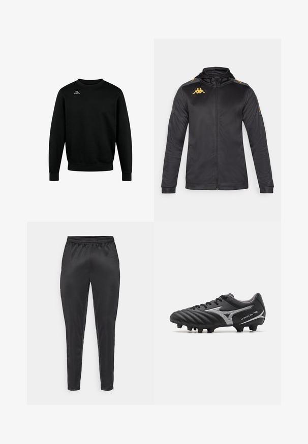 Giacca nera con zip e cappuccio, realizzata in tessuto liscio. Presenta un logo dorato sul petto e sulla spalla, e dettagli grigi sulle maniche.; Felpa nera in cotone, con collo rotondo, maniche lunghe e polsini a costine, con un logo bianco sulla parte superiore sinistra del petto.; Pantaloni atletici neri realizzati in un materiale liscio e leggero. Presentano una vita elasticizzata e una vestibilità slim con tasche con zip.; Scarpini da calcio neri con tomaia sintetica testurizzata, accenti argento e design con lacci. Presentano una suola stampata con tacchetti visibili per una migliore trazione.