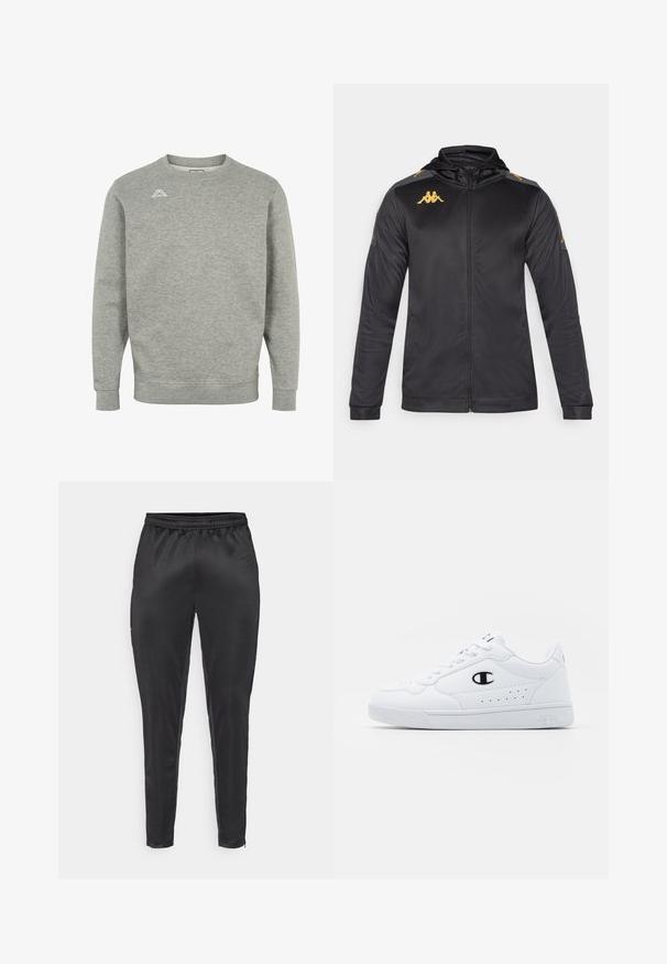 Musta vetoketjullinen takki hupulla, valmistettu sileästä kankaasta. Ominaisuuksiin kuuluu kultainen logo rinnassa ja olkapäässä sekä harmaat yksityiskohdat hihoissa.; Harmaa huppari, joka on valmistettu pehmeästä materiaalista ja jossa on pyöreä pääntie, pitkät hihat ja pieni logo vasemmassa rinnassa.; Mustat urheiluhousut, jotka on valmistettu sileästä ja kevyestä materiaalista. Ominaisuuksiin kuuluu joustava vyötärönauha ja kapea malli, jossa on vetoketjulliset taskut.; Valkoiset urheilunikenrät, joissa on sileä synteettinen päällinen, musta logo-aksentti ja rei'itetty yksityiskohta sivuilla. Kumipohja.