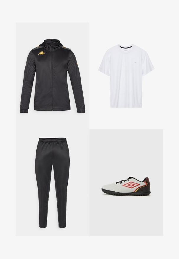 Svart zip-up jacka med huva, tillverkad av slät tyg. Har guld-Logo på bröstet och axlarna, samt grå detaljer på ärmarna.; Vitt crewneck t-shirt i bomull, med korta ärmar och en liten logotyp broderad på vänstra bröstområdet. Mjuk textur.; Svarta idrottsbyxor tillverkade av slätt, lätt material. Har ett elastiskt midjeband och slim fit med dragkedjefickor.; Vit sportig sko med en texturerad ovandel, med röda och gula detaljer. Sulan är svart med upphöjda greppmönster.