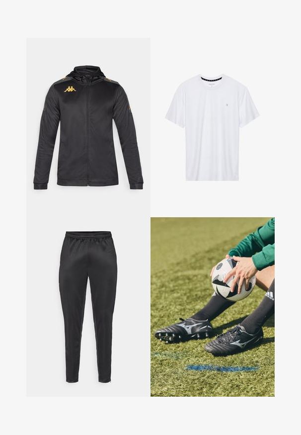 Čierna bunda na zips s kapucňou, vyrobená z hladkej tkaniny. Obsahuje zlaté logo na hrudi a na pleciach, a šedé akcenty na rukávoch.; Biele tričko s okrúhlym výstrihom vyrobené z bavlny, s krátkymi rukávmi a malým logom vyšitým na ľavej strane hrude. Mäkká textúra.; Čierne športové nohavice vyrobené z hladkého, ľahkého materiálu. Obsahujú elastický pás a priliehavý strih s vreckami na zips.; Čierne futbalové kopačky so sivými akcentmi a textúrovanými povrchmi, položené na zelenej umelej tráve. Čierno-biely futbalový loptu drží v rukách.