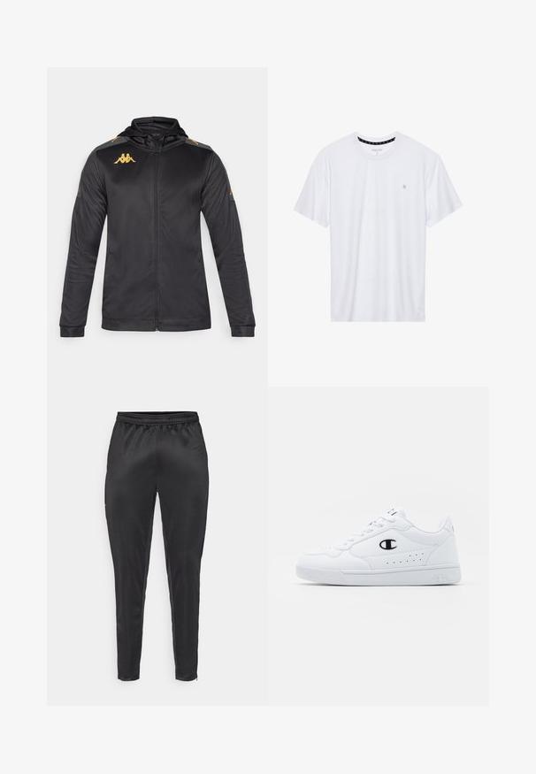 Jachetă neagră cu fermoar, cu glugă, dintr-un material neted. Prezintă un logo auriu pe piept și pe umăr, și accente gri pe mâneci.; Tricou alb cu guler rotund, realizat din bumbac, cu mâneci scurte și un mic logo brodat în zona stângă a pieptului. Textură moale.; Pantaloni sportivi negri, confecționați dintr-un material neted și ușor. Au un șnur elastic la talie și o croială slim, cu buzunare cu fermoar.; Adidași albi pentru sport, cu o parte superioară din material sintetic neted, accent cu logo negru și detalii perforate pe lateral. Talpă din cauciuc.