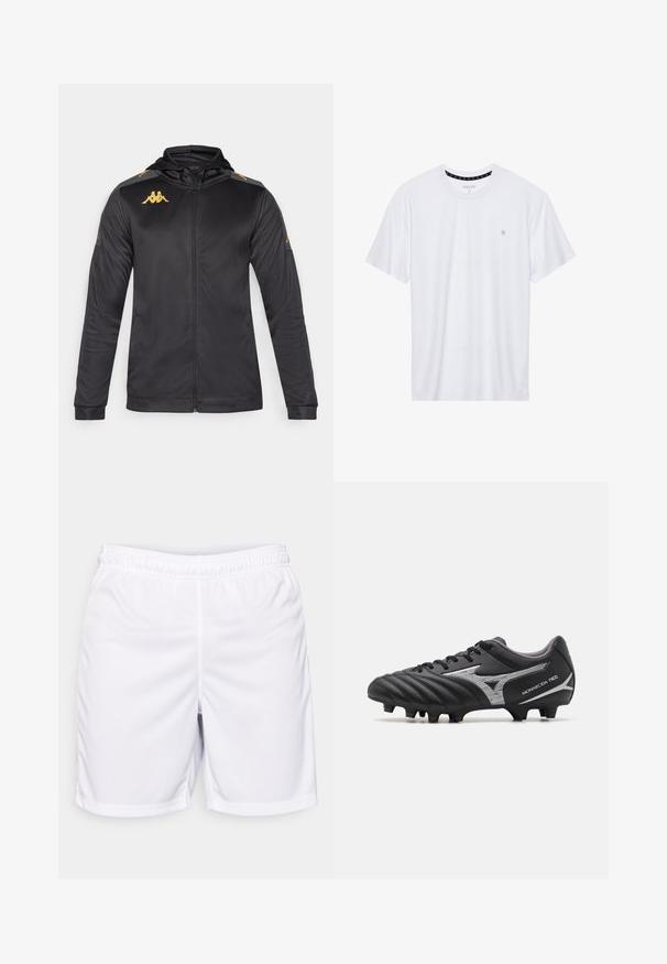 Svart hettejakke med glidelås, laget av glatt stoff. Har gulllogo på brystet og skulderen, samt grå detaljer på ermene.; Hvit crewneck t-skjorte laget av bomull, med korte ermer og en liten logo brodert på venstre brystområde. Myk tekstur.; Hvite treningsshorts laget av lette materialer, med elastisk midjebånd, flate sømmer, og et enkelt design uten lommer.; Svarte fotballsko med teksturert syntetisk overdel, sølvfargede detaljer og snøring. Har en formet såle med synlige knotter for godt grep.