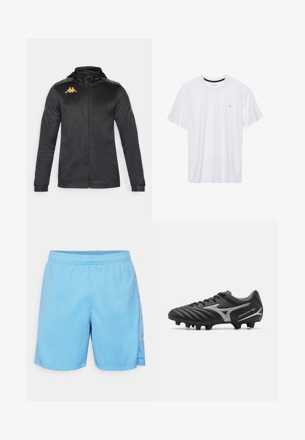 Svart hettejakke med glidelås, laget av glatt stoff. Har gulllogo på brystet og skulderen, samt grå detaljer på ermene.; Hvit crewneck t-skjorte laget av bomull, med korte ermer og en liten logo brodert på venstre brystområde. Myk tekstur.; Lyseblå treningsshorts laget av syntetisk materiale. Har en elastisk midje og et gullfarget akcent på siden. Glatt tekstur, lengde over knærne.; Svarte fotballsko med teksturert syntetisk overdel, sølvfargede detaljer og snøring. Har en formet såle med synlige knotter for godt grep.