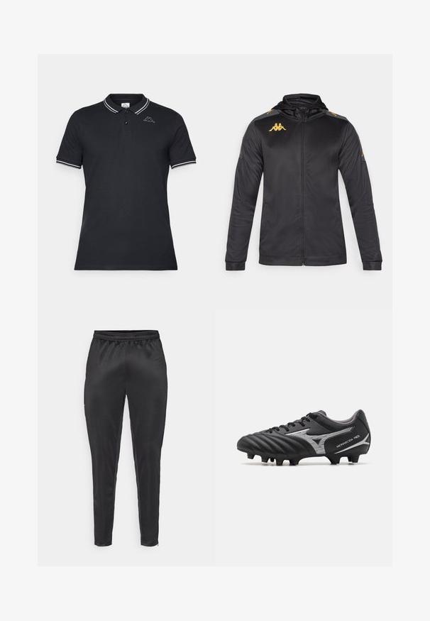 Melna josta ar kapuci, izgatavota no gludas auduma. Iežogo zelta logo uz krūškurvja un pleca, kā arī pelēkas akcenti uz piedurknēm.; Melns polo krekls, kas izgatavots no kokvilnas, ar divu pogu aizdari, kontrastējošu balto apmali apkaklītei un piedurknēm, kā arī iešūtu logo.; Melni sporta bikses, izgatavotas no gluda, viegla materiāla. Iespējas ietver elastīgu jostu un šauru piegriezumu ar rāvējslēdzējam kabatām.; Melnas futbola kurpes ar teksturētu sintētisku virsmu, sudraba akcentiem un saistīšanas dizainu. Iekļauj apmestu zoli ar redzamām naglām, lai nodrošinātu saķeri.
