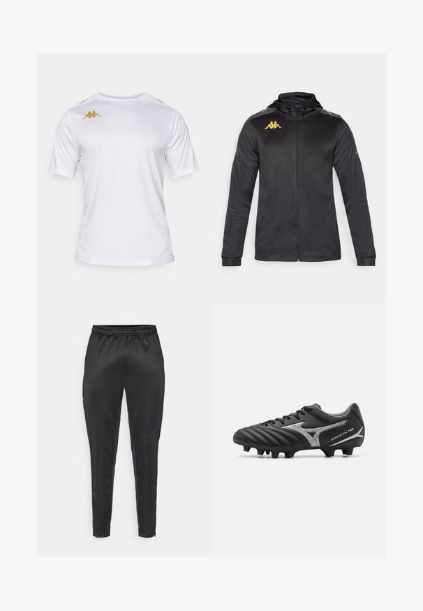 Musta vetoketjullinen takki hupulla, valmistettu sileästä kankaasta. Ominaisuuksiin kuuluu kultainen logo rinnassa ja olkapäässä sekä harmaat yksityiskohdat hihoissa.; Valkoinen lyhythihainen urheilu paita, joka on valmistettu sileästä kankaasta. Paidassa on kultainen logo rinnassa ja olkaimen yksityiskohdat, pyöreä kaula-aukko ja tavallinen malli.; Mustat urheiluhousut, jotka on valmistettu sileästä ja kevyestä materiaalista. Ominaisuuksiin kuuluu joustava vyötärönauha ja kapea malli, jossa on vetoketjulliset taskut.; Musta jalkapallokenkä, jossa on teksturoitu synteettinen päällinen, hopeiset yksityiskohdat ja nauhakiinnitys. Varustettu muotoillulla pohjalla, jossa on näkyviä nappuloita pidon parantamiseksi.