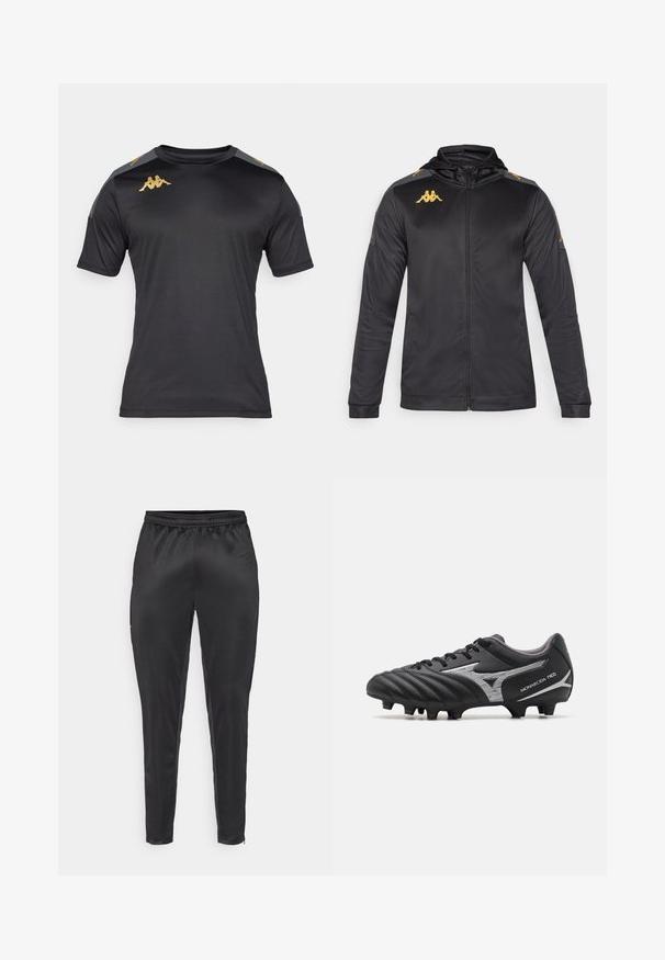 Melna josta ar kapuci, izgatavota no gludas auduma. Iežogo zelta logo uz krūškurvja un pleca, kā arī pelēkas akcenti uz piedurknēm.; Melnā sporta krekla ar īsām piedurknēm, izgatavots no gludas, vieglas auduma. Tam ir zelta simbols uz krūšu daļas un pelēki plecu akcenti.; Melni sporta bikses, izgatavotas no gluda, viegla materiāla. Iespējas ietver elastīgu jostu un šauru piegriezumu ar rāvējslēdzējam kabatām.; Melnas futbola kurpes ar teksturētu sintētisku virsmu, sudraba akcentiem un saistīšanas dizainu. Iekļauj apmestu zoli ar redzamām naglām, lai nodrošinātu saķeri.