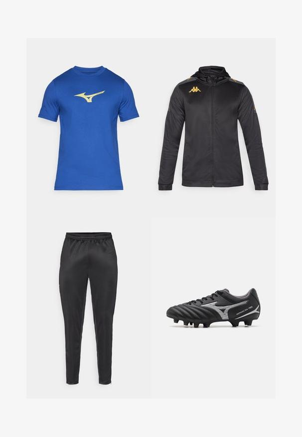 Svart hettejakke med glidelås, laget av glatt stoff. Har gulllogo på brystet og skulderen, samt grå detaljer på ermene.; Blå sport T-skjorte med rund hals, korte ermer og en gul Mizuno-logo på fronten. Laget av glatt, pustende stoff.; Svart treningbukser laget av glatt, lett materiale. Har elastisk midjebånd og slim fit med glidelåslommer.; Svarte fotballsko med teksturert syntetisk overdel, sølvfargede detaljer og snøring. Har en formet såle med synlige knotter for godt grep.