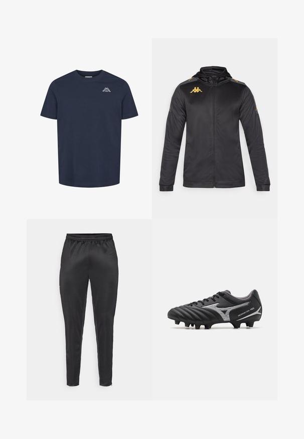 Čierna bunda na zips s kapucňou, vyrobená z hladkej tkaniny. Obsahuje zlaté logo na hrudi a na pleciach, a šedé akcenty na rukávoch.; Námornícky modré tričko s krátkym rukávom a okrúhlym výstrihom, s malým bielym emblémom na ľavej hrudi, zobrazujúcim dve postavy sediace chrbtom k sebe.; Čierne športové nohavice vyrobené z hladkého, ľahkého materiálu. Obsahujú elastický pás a priliehavý strih s vreckami na zips.; Čierne futbalové kopačky s textúrovaným syntetickým zvrškom, striebornými akcentmi a šnurovacím dizajnom. Obsahujú tvarovanú podrážku s viditeľnými kolíkmi pre trakciu.