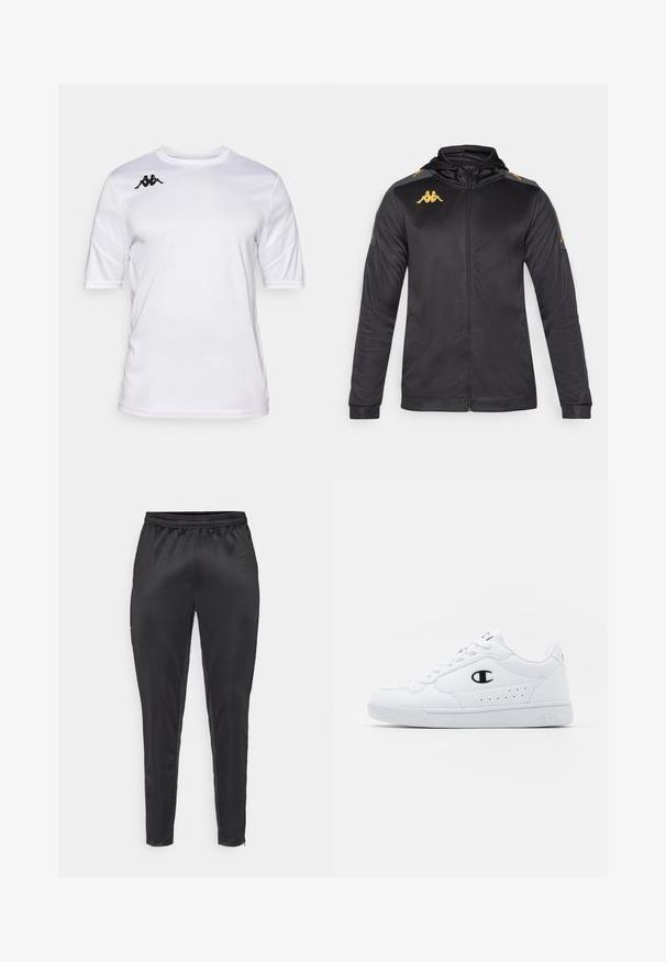 Melna josta ar kapuci, izgatavota no gludas auduma. Iežogo zelta logo uz krūškurvja un pleca, kā arī pelēkas akcenti uz piedurknēm.; Balts īsām piedurknēm sporta krekls ar apaļu dekoltē un melnu Kappa logotipu uz labā pleca.; Melni sporta bikses, izgatavotas no gluda, viegla materiāla. Iespējas ietver elastīgu jostu un šauru piegriezumu ar rāvējslēdzējam kabatām.; Baltas sporta apavi ar gludu sintētisku augšdaļu, melnu logotipa akcentu un perforētu apdari sānos. Gumijas zole.