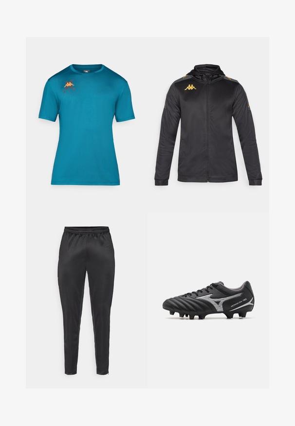 Čierna bunda na zips s kapucňou, vyrobená z hladkej tkaniny. Obsahuje zlaté logo na hrudi a na pleciach, a šedé akcenty na rukávoch.; Tyrkysové tričko s krátkym rukávom z hladkej látky s okrúhlym výstrihom. Na hrudi sa nachádza malé logo v oranžovej a tmavočervenej farbe.; Čierne športové nohavice vyrobené z hladkého, ľahkého materiálu. Obsahujú elastický pás a priliehavý strih s vreckami na zips.; Čierne futbalové kopačky s textúrovaným syntetickým zvrškom, striebornými akcentmi a šnurovacím dizajnom. Obsahujú tvarovanú podrážku s viditeľnými kolíkmi pre trakciu.