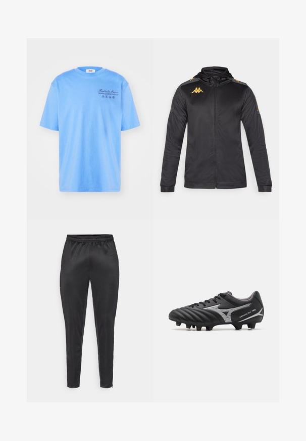 Svart hettejakke med glidelås, laget av glatt stoff. Har gulllogo på brystet og skulderen, samt grå detaljer på ermene.; Lyseblå bomullst-skjorte med korte ermer, rund hals, og svart tekst: "Fantastisk Grønn Burro Studio MSGM" med grafiske detaljer.; Svart treningbukser laget av glatt, lett materiale. Har elastisk midjebånd og slim fit med glidelåslommer.; Svarte fotballsko med teksturert syntetisk overdel, sølvfargede detaljer og snøring. Har en formet såle med synlige knotter for godt grep.