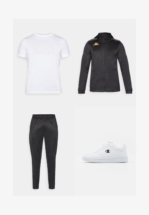 Svart hettejakke med glidelås, laget av glatt stoff. Har gulllogo på brystet og skulderen, samt grå detaljer på ermene.; Hvit bomull t-skjorte med korte ermer og rund hals. Har et svakt tonalt Kappa-logo på fronten. Glatt tekstur.; Svart treningbukser laget av glatt, lett materiale. Har elastisk midjebånd og slim fit med glidelåslommer.; Hvite atletiske joggesko med en glatt syntetisk overdel, svart logo-akcent og perforerte detaljer på siden. Gummisåle.