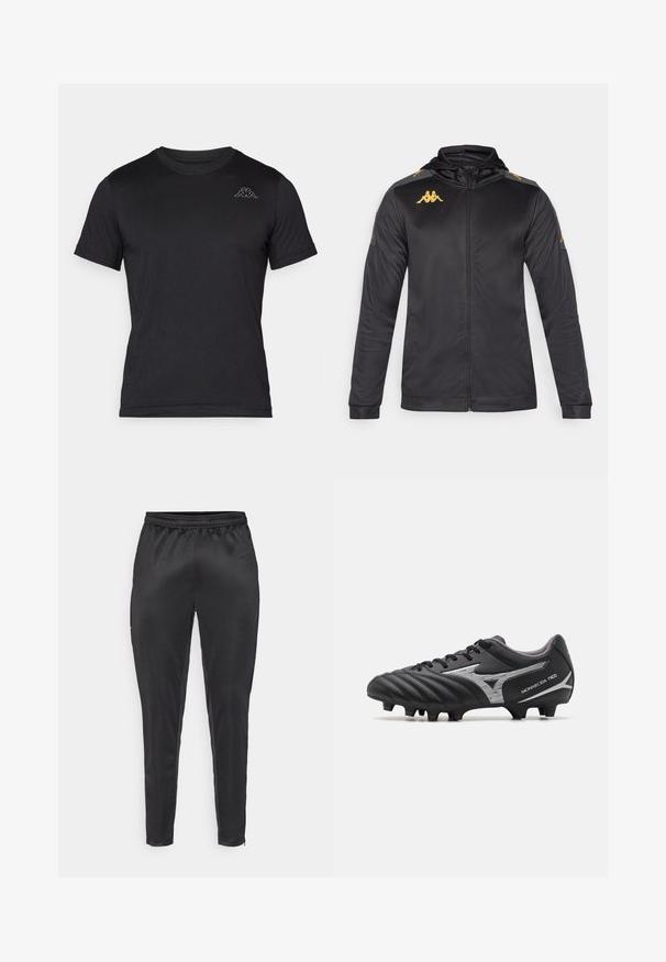 Čierna bunda na zips s kapucňou, vyrobená z hladkej tkaniny. Obsahuje zlaté logo na hrudi a na pleciach, a šedé akcenty na rukávoch.; Čierne tričko s krátkym rukávom z ľahkého materiálu, s klasickým okrúhlym výstrihom a malým bielym logom Kappa na ľavej hornej strane.; Čierne športové nohavice vyrobené z hladkého, ľahkého materiálu. Obsahujú elastický pás a priliehavý strih s vreckami na zips.; Čierne futbalové kopačky s textúrovaným syntetickým zvrškom, striebornými akcentmi a šnurovacím dizajnom. Obsahujú tvarovanú podrážku s viditeľnými kolíkmi pre trakciu.