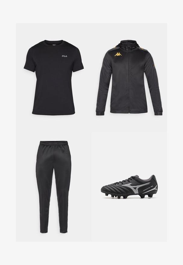 Fekete kapucnis zipzáros dzseki, sima anyagból készült. Arany logóval rendelkezik a mellkason és a vállon, valamint szürke díszítéssel a ujjakon.; Fekete, rövid ujjú pamut póló, bordás kerek nyakkal, a bal mellen egy kis szürke FILA logóval.; Fekete sportnadrág, sima, könnyű anyagból készült. Rugalmas derékrésszel és karcsú fazonnal rendelkezik, cipzáras zsebeivel.; Fekete focicipő, texturált szintetikus felsőrésszel, ezüst részletekkel és fűzős kialakítással. Formázott talppal rendelkezik, látható stoplival a tapadás érdekében.