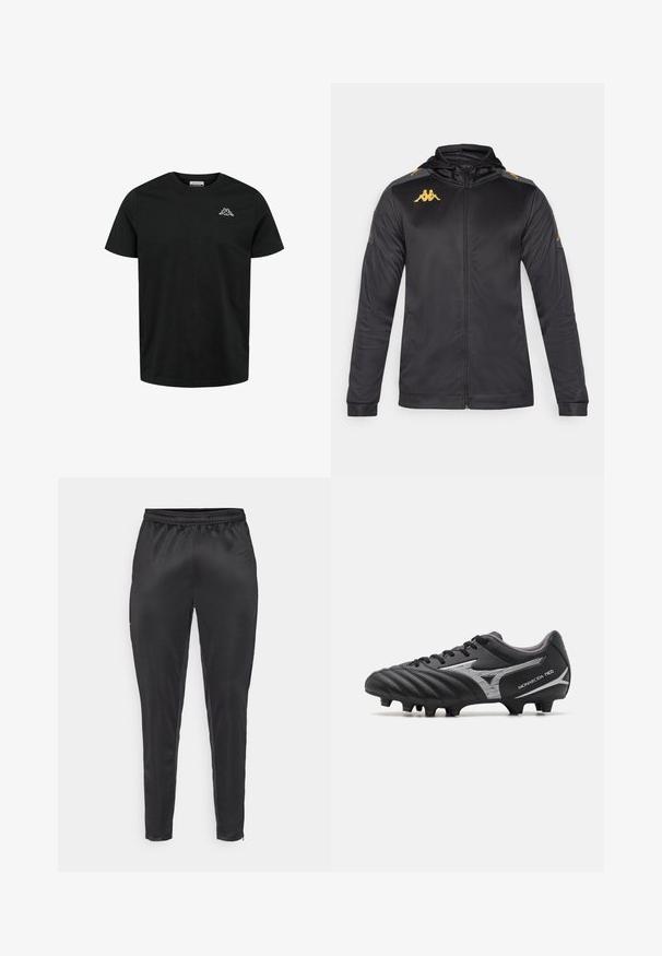 Must mustaga kapuutsiga jakki, valmistatud siledast kangast. Omab kuldset logo rinnal ja õlal ning halli detaili varrukatel.; Kappa CAFERS - Lihtne T-särk - black; Musternad mustreerid, mis on valmistatud siledast ja kerge materjalist. Omab elastset vöökohta ja kitsast lõiget, varustatud lukuga taskutega.; Mustad mustajalgpallikepid tekstuuriga sünteetilisest ülemisest, hõbedaste detailidega ja kummipaeltega disain. Omavad vormitud tallat, millel on nähtavad nupud haardevõime tagamiseks.