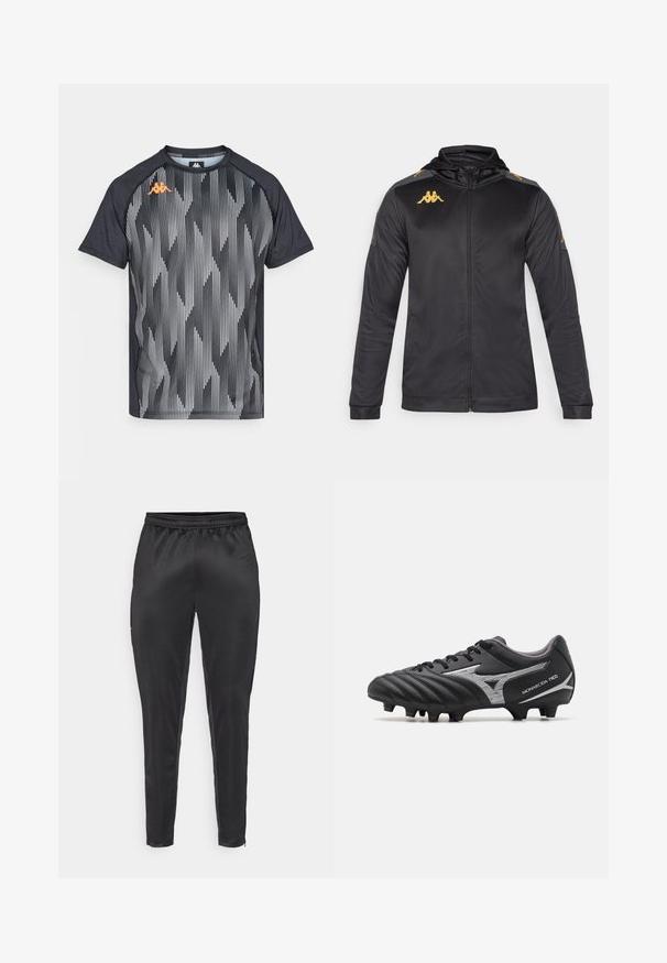 Czarna kurtka zapinana na zamek z kapturem, wykonana z gładkiego materiału. Posiada złote logo na klatce piersiowej i ramieniu oraz szare akcenty na rękawach.; Czarna koszulka sportowa z krótkim rękawem, z geometrycznym paskowanym wzorem w odcieniach szarości i bieli, z pomarańczowym logo na lewym ramieniu.; Czarne spodnie sportowe wykonane z gładkiego, lekkiego materiału. Posiadają elastyczny pas i dopasowany krój oraz kieszenie zapinane na zamek.; Czarne korki piłkarskie z teksturowanej syntetycznej cholewki, srebrnymi akcentami i sznurowanym zapięciem. Posiadają formowaną podeszwę z widocznymi wkrętami dla lepszej przyczepności.