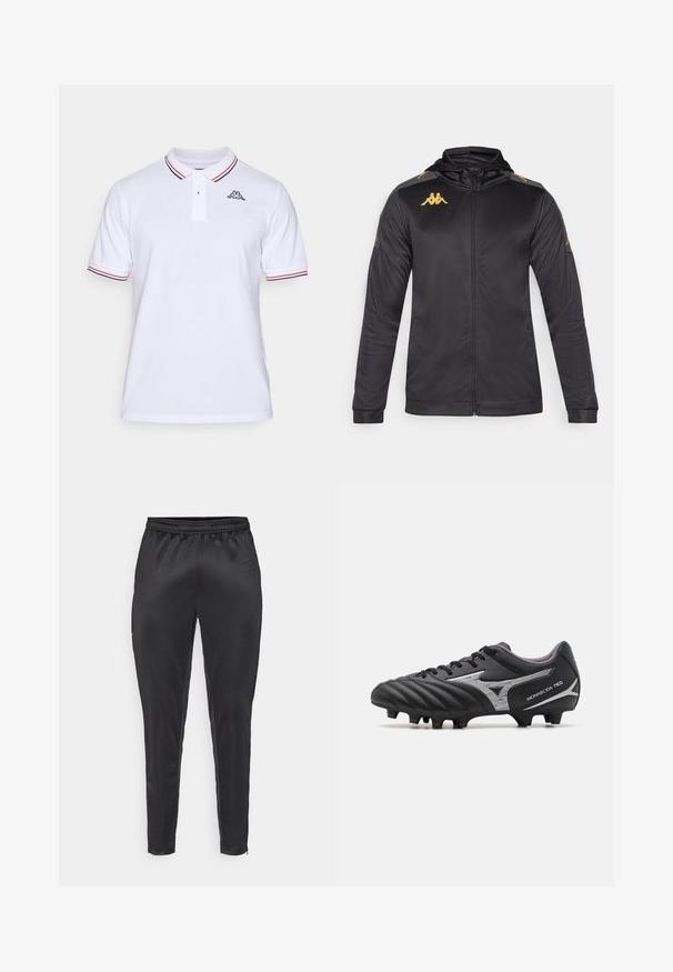 Must mustaga kapuutsiga jakki, valmistatud siledast kangast. Omab kuldset logo rinnal ja õlal ning halli detaili varrukatel.; Valge lühikeste varrukatega polo särk, mille krael ja varrukatel on punane ja tumesinine ääris, kahe nupuga avamine ja väike tumesinine logo vasakul rinnal.; Musternad mustreerid, mis on valmistatud siledast ja kerge materjalist. Omab elastset vöökohta ja kitsast lõiget, varustatud lukuga taskutega.; Mustad mustajalgpallikepid tekstuuriga sünteetilisest ülemisest, hõbedaste detailidega ja kummipaeltega disain. Omavad vormitud tallat, millel on nähtavad nupud haardevõime tagamiseks.