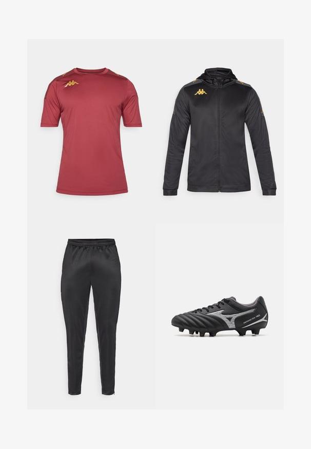 Svart hettejakke med glidelås, laget av glatt stoff. Har gulllogo på brystet og skulderen, samt grå detaljer på ermene.; Mørkerød sportst-skjorte laget av fukttransporterende stoff, med korte ermer, rund hals og gullfargede logo detaljer på skuldrene.; Svart treningbukser laget av glatt, lett materiale. Har elastisk midjebånd og slim fit med glidelåslommer.; Svarte fotballsko med teksturert syntetisk overdel, sølvfargede detaljer og snøring. Har en formet såle med synlige knotter for godt grep.