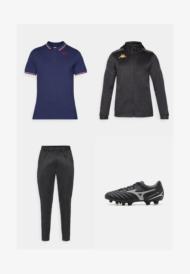 Must mustaga kapuutsiga jakki, valmistatud siledast kangast. Omab kuldset logo rinnal ja õlal ning halli detaili varrukatel.; Tumesinine polo särk, millel on punaste, valgete ja siniste triipudega krae ja varrukate servad, ning väikene punane logo vasakul ülaservas.; Musternad mustreerid, mis on valmistatud siledast ja kerge materjalist. Omab elastset vöökohta ja kitsast lõiget, varustatud lukuga taskutega.; Mustad mustajalgpallikepid tekstuuriga sünteetilisest ülemisest, hõbedaste detailidega ja kummipaeltega disain. Omavad vormitud tallat, millel on nähtavad nupud haardevõime tagamiseks.