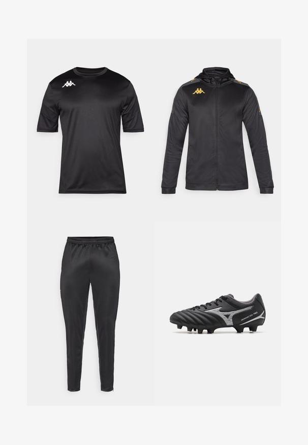 Jachetă neagră cu fermoar, cu glugă, dintr-un material neted. Prezintă un logo auriu pe piept și pe umăr, și accente gri pe mâneci.; Tricou sportiv negru cu mânecă scurtă, fabricat dintr-un material neted, prezintă un logo alb în partea superioară stângă a pieptului și un guler rotund.; Pantaloni sportivi negri, confecționați dintr-un material neted și ușor. Au un șnur elastic la talie și o croială slim, cu buzunare cu fermoar.; Coperta de fotbal neagră cu un upper sintetic texturat, accente argintii și un design cu șireturi. Dispune de o talpă modelată cu cuie vizibile pentru tracțiune.
