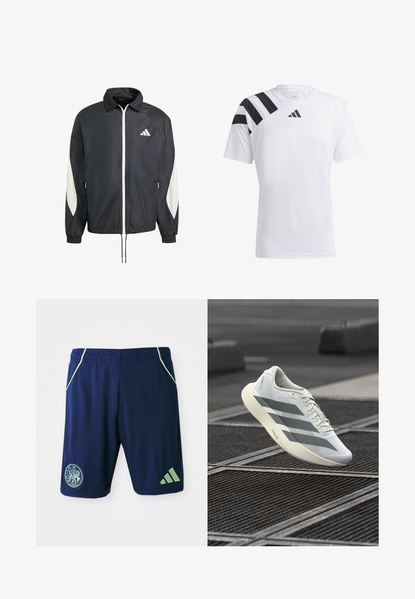 Crna windbreaker jakna s bijelim zatvaračem i logom, ima bijele bočne akcentne detalje, elastične manžetne i hem s povlačenjem. Lagani materijal.; Bijela lagana atletska majica s crnim prugama na lijevom ramenu i crnim logotipom na prsima. Kratki rukavi, dizajn s običnim ovratnikom.; Mornarske atletske kratke hlače s zelenim akcentima, elastičnom strukom, bočnim džepovima, oznakom logotipa i trostrukim dizajnom na donjoj nozi.; Bijela sportska cipela s teksturiranim mrežastim gornjim dijelom, s sivim prugama i jastučićastim potplatom. Lagan dizajn pogodan za trčanje.