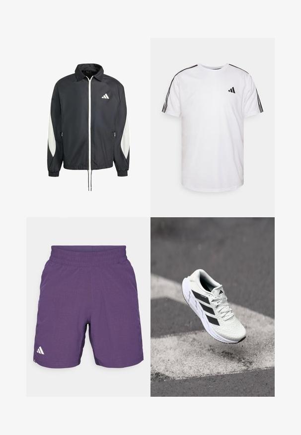 Schwarze Windjacke mit einem weißen Reißverschluss und Logo, ausgestattet mit weißen Seitenakzenten, elastischen Ärmelbündchen und einem Kordelzug am Saum. Leichtes Material.; Weißes T-Shirt aus Baumwolle mit Rundhalsausschnitt, kurzen Ärmeln und schwarzen Akzenten in Form von drei Streifen an den Schultern; hat ein kleines schwarzes Logo.; Lila Sportshorts aus atmungsaktivem Material, mit einem elastischen Bund und einem weißen Logo-Akzent auf der linken Seite.; Weiße Sportschuh mit strukturiertem Mesh-Obermaterial, schwarzen Streifen, Schnürverschluss und gepolstertem Sohlen, schwebt über einer markierten Straßenoberfläche.