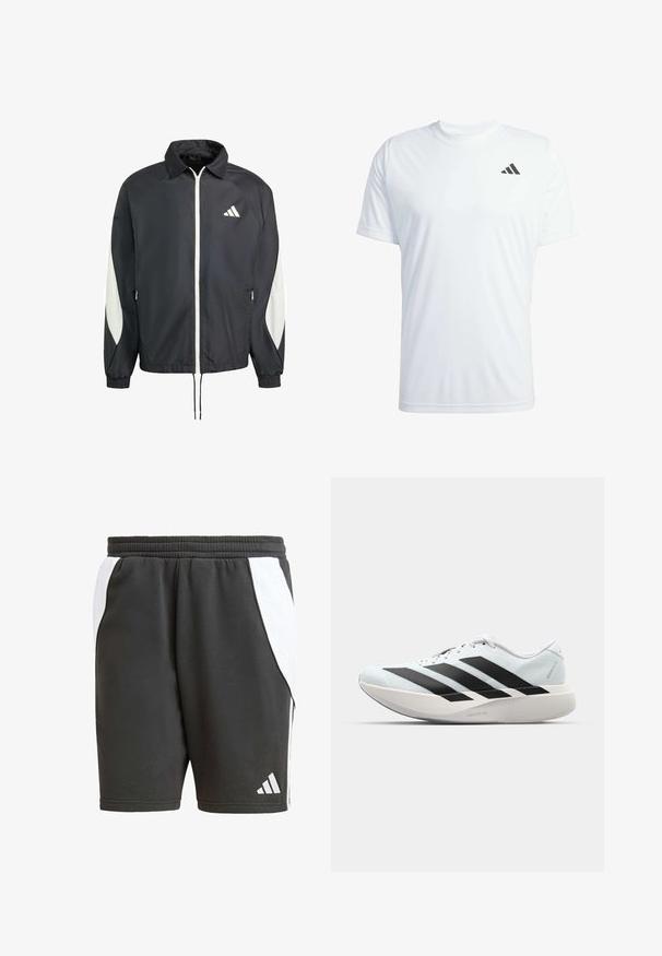 Svart vindjacka med vit dragkedja och logotyp, har vita sidokanter, elastiska ärmslut och dragsko i nederkant. Lätt material.; Vit kortärmad sporttröja i lätt tyg med en svart Adidas-logotyp på övre vänstra bröstet.; Svarta idrottsshorts med vita sidodetaljer, elastisk midja och Adidas-logotyp i vitt. Tillverkade av ett mjukt, lätt material.; Lätta löparskor i ljusblått med svarta ränder. Har en slät ovandel, rund tå och tjock vit mellansula märkt "LIGHTSTRIKE PRO."