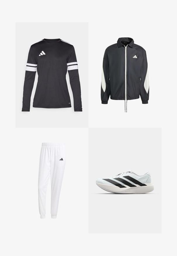 Czarna kurtka przeciwwiatrowa z białym zamkiem błyskawicznym i logo, posiada białe akcenty po bokach, elastyczne mankiety i ściągacz u dołu. Wykonana z lekkiego materiału.; Czarna sportowa koszula z długim rękawem z białymi akcentami w postaci trzech pasków na rękawach oraz białym logo na klatce piersiowej. Wykonana z miękkiego, oddychającego materiału.; Białe sportowe spodnie z gładkiego materiału, z elastycznym pasem w talii i dopasowanymi mankietami, z czarnym logo na tylnej kieszeni.; Lekkie buty do biegania w jasnoniebieskim kolorze z czarnymi pasami. Posiadają gładką cholewkę, okrągły nosek oraz grubą białą podeszwę środkową oznaczoną "LIGHTSTRIKE PRO."