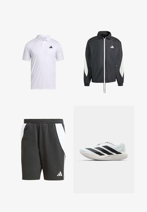 Sort vindjakke med en hvid lynlås og logo, med hvide sideaccentuer, elastiske manchetter og snoretræk i kanten. Letvægtsmateriale.; Hvid polo shirt lavet af åndbart stof med krave, med korte ærmer og et sort Adidas-logo på venstre bryst.; Svarte atletiske shorts med hvite side accenter, elastisk talje, og Adidas-logo i hvitt. Lavet af et glat, let materiale.; Letvægtige løbesko i lys blå med sorte striber. Har en glat overdel, rund tå og tyk hvid mellemsål mærket "LIGHTSTRIKE PRO."