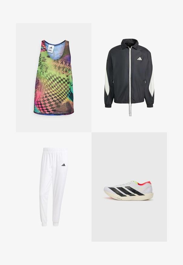Czarna kurtka przeciwwiatrowa z białym zamkiem błyskawicznym i logo, posiada białe akcenty po bokach, elastyczne mankiety i ściągacz u dołu. Wykonana z lekkiego materiału.; Wielokolorowy top na ramiączkach z wyrazistymi geometrycznymi wzorami, w tym szachownicami i wirami, w odcieniach zieleni, różu, niebieskiego i fioletowego.; Białe sportowe spodnie z gładkiego materiału, z elastycznym pasem w talii i dopasowanymi mankietami, z czarnym logo na tylnej kieszeni.; Białe buty biegowe z czarnymi paskami, neonowozielonymi akcentami i czerwoną piętą. Posiadają lekką konstrukcję oraz teksturowaną podeszwę zapewniającą przyczepność.