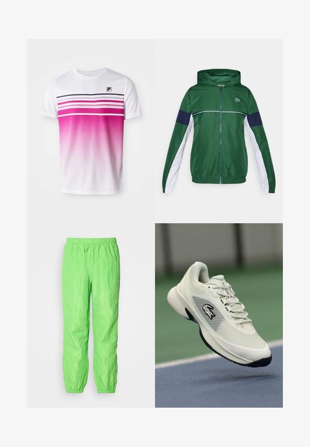 Zelená športová bunda s kapucňou, so tmavomodrými a bielymi rukávmi, zapínaním na zips a malým logom na hrudi. Hladká textúra látky.; Biela tričko s krátkym rukávom s ružovým ombré dizajnom, horizontálne pruhy v tmavo ružovej a námorníckej modrej farbe a malé čierne logo na hrudi.; Neon zelené ľahké nohavice s elastickým pásom, s jemne zvrásnenou textúrou a naťahovacími manžetami na členkoch.; Biele športové tenisky s priedušnou vrchnou časťou, čiernymi akcentmi, textúrovanou podrážkou a výrazným logom na boku, zobrazené na pozadí ihriska.