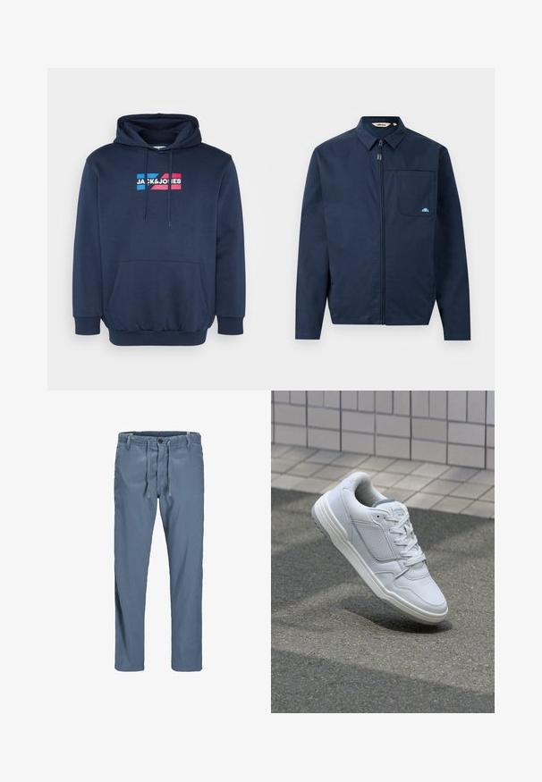 Giacca blu navy realizzata in tessuto morbido, con chiusura a zip frontale, colletto a punta e una singola tasca sul petto con un piccolo logo decorativo.; Felpa con cappuccio blu navy, in misto cotone, con tasca a marsupio, caratterizzata dal logo bianco e colorato "JACK&JONES" sul petto.; Pantaloni in cotone leggeri e blu, con vita regolabile tramite cordoncino, chiusura a bottone e tasche laterali. Design a gamba dritta senza pattern visibili.; Sneaker bianca in pelle con lati perforati, accenti testurizzati, lacci piatti e tallone grigio a contrasto. Presenta una suola leggermente elevata.