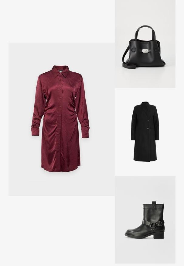 Casaco preto feito de uma mistura de lã, com gola alta, design de duplo botão com dois botões e bolsos laterais. Textura suave, até aos joelhos.; Vestido camisola de manga longa em satin bordô, com abertura de botões, gola, franzido lateral e um padrão texturizado subtil por toda a peça.; Samsøe Samsøe SABRENTA - Bota de tornozelo estilo cowboy/motociclista - black; Bolsa de mão de couro preto com um acabamento texturizado, apresentando duas alças superiores, uma alça de ombro destacável e um detalhe de fecho prateado.