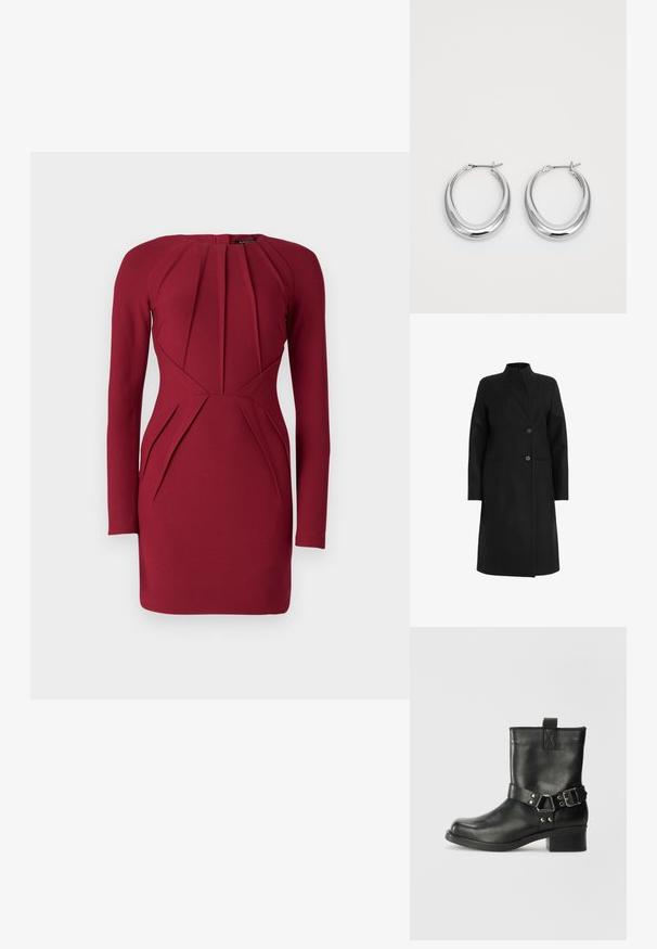 Melns mētelis, izgatavots no vilnas maisījuma, ar augstu apkakli, dubultā slēgšanas dizainu ar divām pogām un sānu kabatām. Gluda tekstūra, līdz ceļiem.; Garā piedurkņu, pieguļoša kleita dziļā burgundijas krāsā. Lielisks pleitu dizains uz augšdaļas un sāniem, ar apaļu kakla izgriezumu un strukturētu siluetu.; Samsøe Samsøe SABRENTA - Kovboju/motociklistu tipa puszābaki - black; Pulētas sudraba pusmēness formas auskaru pāris ar eņģu sprādzēm uz balta fona.