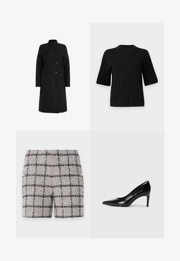 Abrigo negro de mezcla de lana, con cuello alto, diseño de doble botonadura con dos botones y bolsillos laterales. Textura suave, hasta la rodilla.; Suéter negro de manga corta con textura acanalada y un cuello alto, que presenta líneas verticales y una silueta ajustada.; Pantalones cortos de tweed en un color neutro con un patrón de cuadros en blanco y negro. Presentan botones decorativos en la parte frontal. Tela texturizada.; Zapato de tacón alto de cuero negro con punta afilada, textura suave y tacón en forma de cono. Diseño minimalista, sin adornos adicionales.