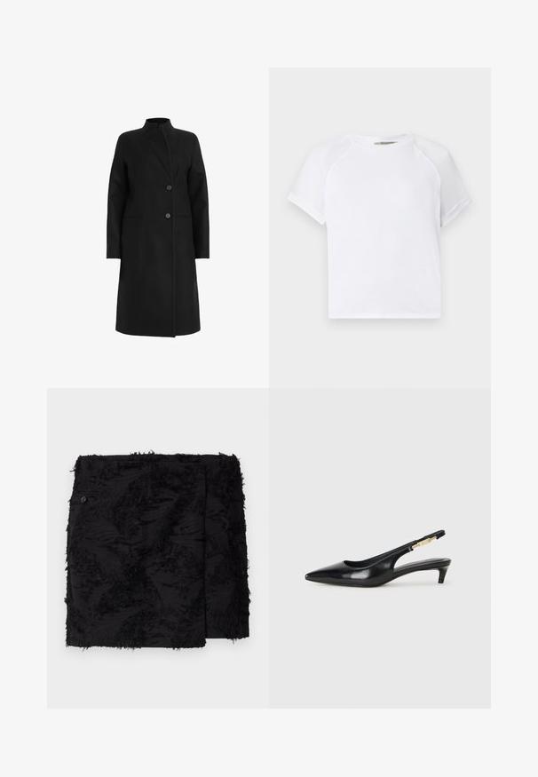 Černý kabát vyrobený z vlněné směsi, má vysoký límec, dvojité zapínání s dvěma knoflíky a boční kapsy. Hladký povrch, délka ke kolenům.; Bílý bavlněný tričko s kulatým výstřihem, krátkými raglánovými rukávy a volným střihem. Hladká texturka bez viditelných vzorů či akcentů.; Černá sukně z texturované látky s třásněmi. Čtvercový tvar, délka nad kolena a detail s bočním knoflíkem.; Černé kožené boty na podpatku s otevřenou patou a špičatou špičkou, s tenkým podpatkem a zlatým akcentem na nastavitelném pásku. Hladký povrch.