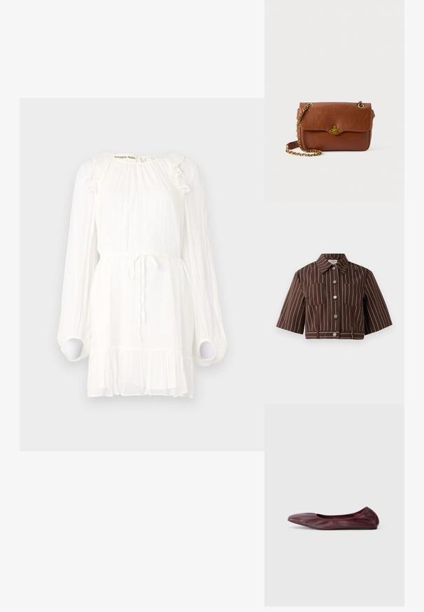 Rudas trumpa striukė su baltais vertikaliais raštais, trumpomis rankovėmis, dviem krūtinės kišenėmis ir mygtukų uždarymu, kuriame yra metalinių akcentų.; Balta ilgomis rankovėmis suknelė, pagaminta iš permatomo audinio, su raukiniais aplink kaklą ir manžetams, raišteliu reguliuojama juosmeniu ir sluoksniuotais raukiniais apatine dalimi.; Balerinai tamsiai burgundiško odos, su apvaliomis nosimis, elastingu kraštu ir lygiu paviršiumi, puošti subtiliais raukšlėmis.; Ruda odinė per petį nešama kuprinė su užsegimu ant sklendės, auksinės spalvos aksesuarais ir grandinėlės dirželiu. Lygus paviršius, stačiakampio forma, minimalus apipavidalinimas.