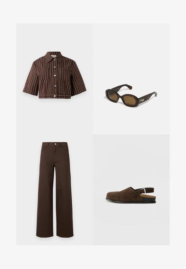 Pruuni lühike jakk valgete vertikaalsete triipudega, lühikeste varrukatega, kahe rinnataskuga ja nööpide sulgemisega, millel on metallikaktsendid.; Pruun ribadega tengel kõrge kaelusega ja ilma varrukateta, millel on rinnapiirkonnas peen logo. Valmistatud venivast kangast.; Pruunid laiad püksid, mis on valmistatud vastupidavast kangast, nuppudega sulgemise ja klassikalise viie taskuga disainiga. Sile tekstuur minimaalsete detailingutega.; Pruunid nahast libisemisega kingad madala kontsaga, reguleeritav rihm hõbedase klambriga ja must kummitald.; Kilpkonnakuued päikeseprillid ovaalsete raamidega, pruunide toonitud läätsedega ning "Chloé" brändinguga varrel. Sile plastikmaterjal läikiva viimistlusega.