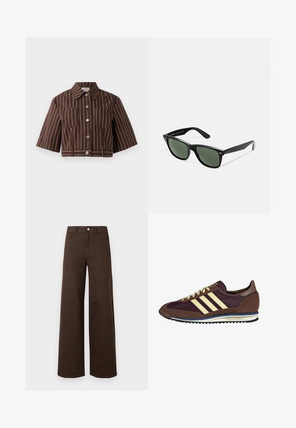 Pruuni lühike jakk valgete vertikaalsete triipudega, lühikeste varrukatega, kahe rinnataskuga ja nööpide sulgemisega, millel on metallikaktsendid.; Pruun ribadega tengel kõrge kaelusega ja ilma varrukateta, millel on rinnapiirkonnas peen logo. Valmistatud venivast kangast.; Pruunid laiad püksid, mis on valmistatud vastupidavast kangast, nuppudega sulgemise ja klassikalise viie taskuga disainiga. Sile tekstuur minimaalsete detailingutega.; Pruun ja burgundi värvi tennised, mis on valmistatud karvase ja võrkmaterjaliga, sisaldavad kolme kreemjat triipu, tekstuurset kangast keelt ja kummist talla.; Mustad mustan plastiku prillid roheliste läätsedega, ruudukujulised raamid, hõbedane aksent kulmude peal ja tekstuuriga tempelkäed. Brändi nimi on märgitud sisevarrele.