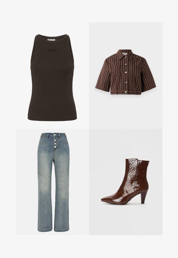 Barna, rövid ujjú, fehér függőleges csíkokkal ellátott cropped dzseki, két mellzsebbel és fémes díszítésű gombos záródással.; Barna bordázott ujjatlan trikó magas nyakrésszel, amelyen diszkrét logó található a mellkas területén. Rugalmas anyagból készült.; Világoskék farmer széles szárú nadrág magas derékkal, öt gombos záródással és két elülső zsebből áll. Simaság jellemzi finom kopásokkal.; Barna mű krokodil bőr bokacsizma hegyes orral és kúpos sarka. Fényes textúrával és oldalsó cipzár részlettel rendelkezik.