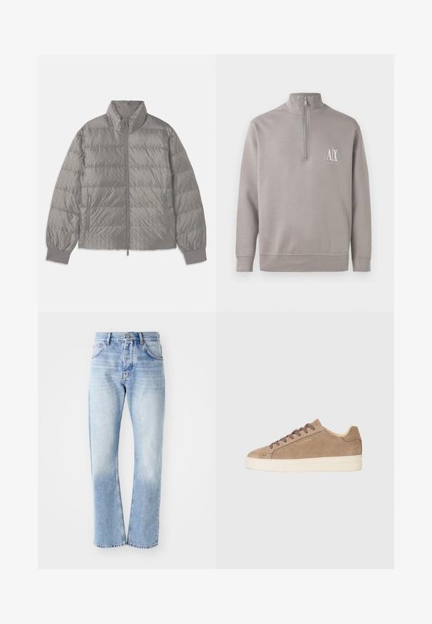 Quilted grey puffer jacket with a high collar, two side zip pockets, elasticized cuffs, and a lightweight, smooth texture.; Light gray quarter-zip pullover made of soft material, featuring a small white logo on the chest and elasticated cuffs and hem.; Light blue denim jeans with a straight-leg cut. Features a five-pocket design, button fly, and faded texture towards the bottom.; Beige suede sneaker with a round toe, cream rubber sole, and brown laces. Features embossed brand logo on the side and textured material.