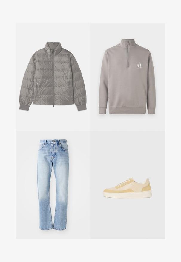 Quilted grey puffer jacket with a high collar, two side zip pockets, elasticized cuffs, and a lightweight, smooth texture.; Light gray quarter-zip pullover made of soft material, featuring a small white logo on the chest and elasticated cuffs and hem.; Light blue denim jeans with a straight-leg cut. Features a five-pocket design, button fly, and faded texture towards the bottom.; Sneakers in light yellow suede and leather, featuring a cushioned sole and stitched accents. Classic lace-up design with a rounded toe.