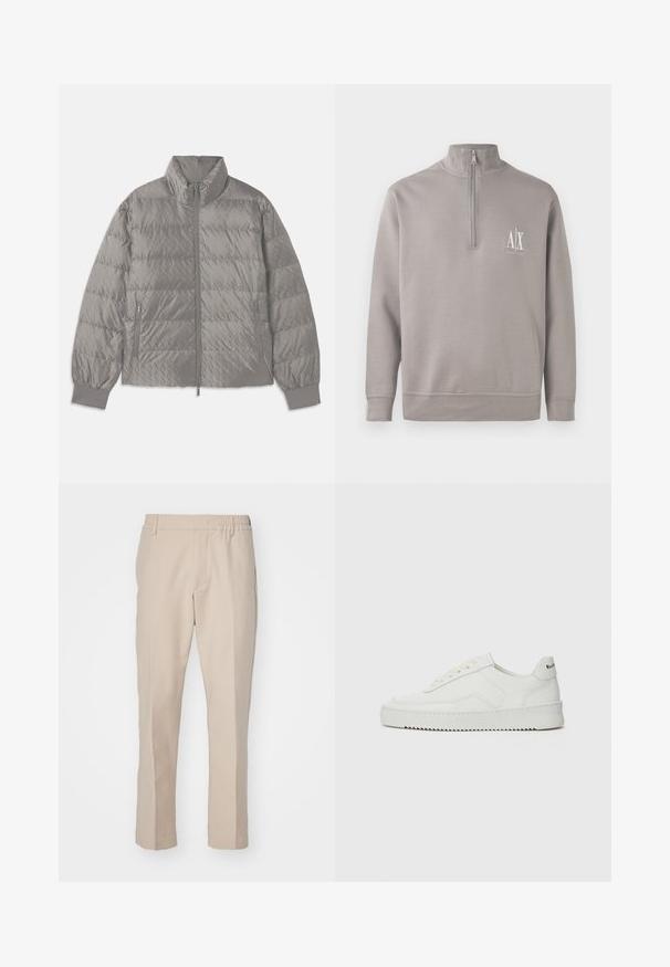 Prošívaná šedá péřovka s vysokým límcem, dvěma bočními zipovými kapsami, elastickými manžetami a lehkým, hladkým povrchem.; Světlé šedé pulovr na čtvrt zip z jemného materiálu, s malým bílým logem na hrudi a elastickými manžetami a spodním lemem.; Béžové kalhoty s hladkou texturou, rovného střihu a elastickým pasem. Mají boční kapsy a neutrální barvu, která je vhodná pro všestranné outfity.; Bílé kožené tenisky s hladkým povrchem, kulatou špičkou, plochými tkaničkami a texturovanou podrážkou. Na patě se nachází nenápadné logo.