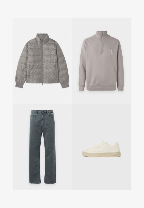 Quilted grey puffer jacket with a high collar, two side zip pockets, elasticized cuffs, and a lightweight, smooth texture.; Light gray quarter-zip pullover made of soft material, featuring a small white logo on the chest and elasticated cuffs and hem.; Gray denim jeans with a straight-leg cut, five pockets, and a button closure. Features subtle stitching and a classic, minimal design.; White canvas sneakers with a textured rubber sole, featuring a stitched toe cap and logo accent on the heel. Simple lace-up design.